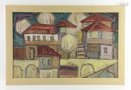 After Goncharova, Abstract Cityscape, Oil on Cardboard