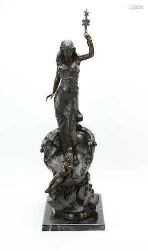 Venus on Chariot Led by Cupid, Patinated Bronze