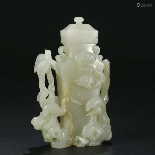 Hetian Jade Carved Pine and Crane Vase