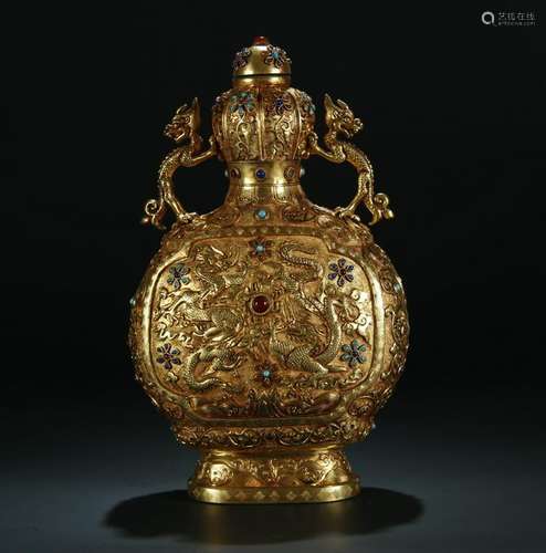 Gilt Bronze Inlaid Gemstones Garlic Vase