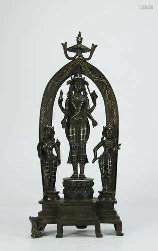 Alloy Bronze Inlaid Silver Eyes, Four Arms Kuan Yin