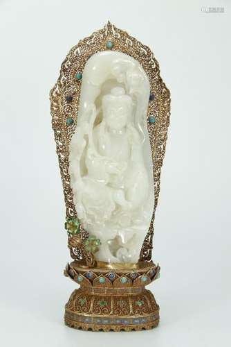 White Jade Carving Kuan Yin(Gilt Silver Stand)