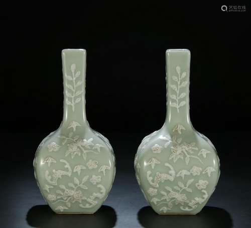 Qing Chia Ching, A Pair of Celadon Glazed Carving