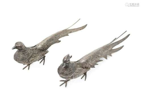 Two Silvered Metal Pheasants LATE 20TH CENTURY