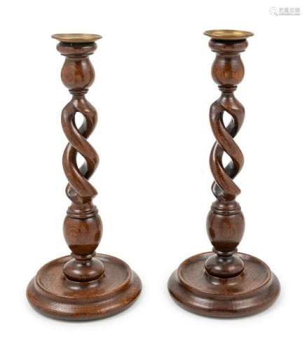A Pair of English Turned Oak Candlesticks Heig
