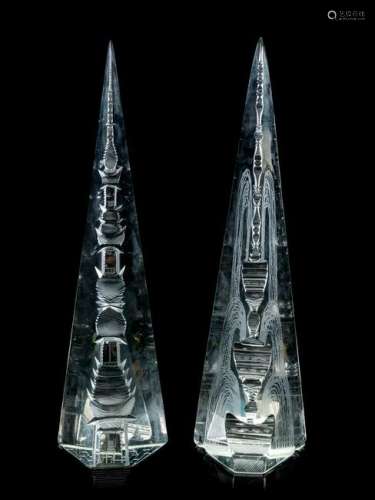 A Pair of Cut Glass Obelisks 20TH CENTURY H