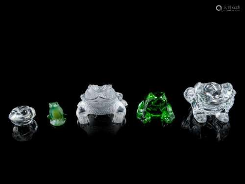A Group of Five Glass Frogs comprising a green
