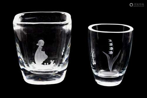 Two Etched Glass Vases one etched with a girl,