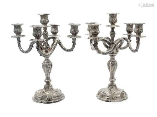 A Pair of Mexican Silver-plate Five Light Candela