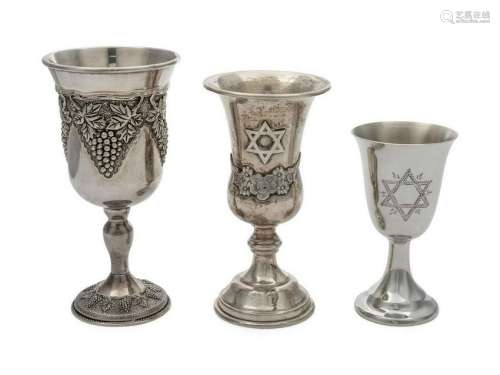 Three Kiddush Cups Height of tallest 6 inches.
