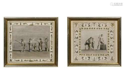 A Group of Six Continental Colored Etchings Di