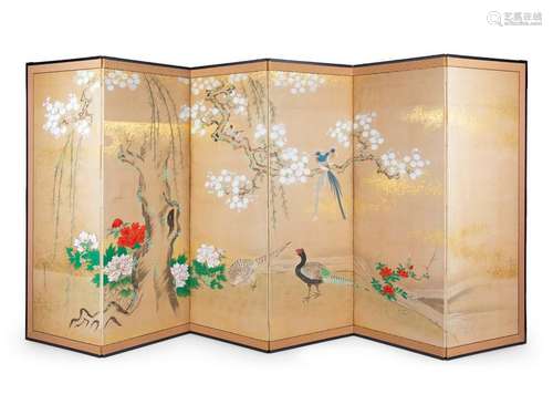 A Japanese Painted Paper Six-Panel Screen 20th