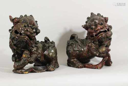 Pair of Fo Lions ,Wood carved, original paint,partly open work, Ming Dynasty40x50cmThis is a timed