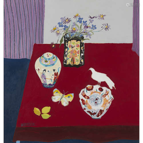 CHRISTINE WOODSIDE R.S.W., R.G.I. (SCOTTISH B.1946) CHINESE TABLE Signed, oil on board 46cm x