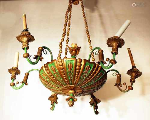 6 light chandelier, wood carved ,bronze mounts, painted 19. century60 cmThis is a timed auction on