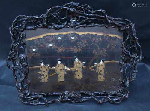 Asian painted lacquer tray wood roots,I carvings,19.century60x40cmThis is a timed auction on our