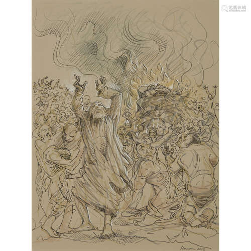 PETER HOWSON O.B.E. (SCOTTISH B.1958) MOSES AND THE BURNING BUSH Signed and dated 2012, mixed