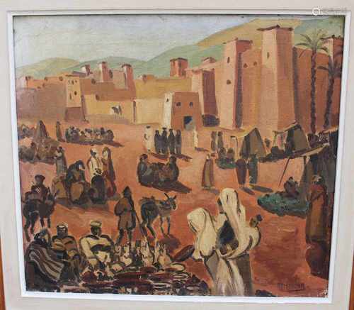 Orientalist early 20. century, village with people, oil canvas, signed28x30cmThis is a timed auction