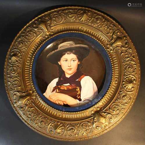 ceramic dish with painted portrait of a girl after Defregger, in bronze frame late 19.