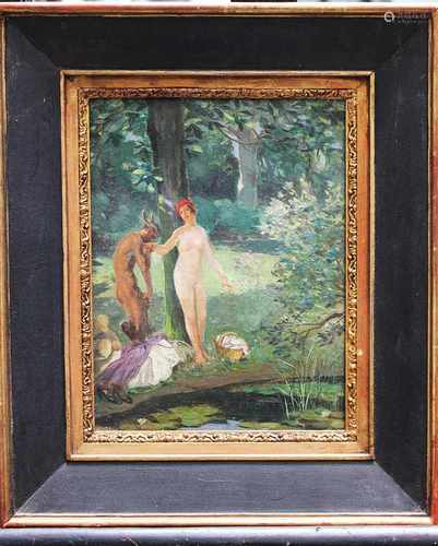 French school around 1920, satyr with lady , oil on board framed22x18cmThis is a timed auction on