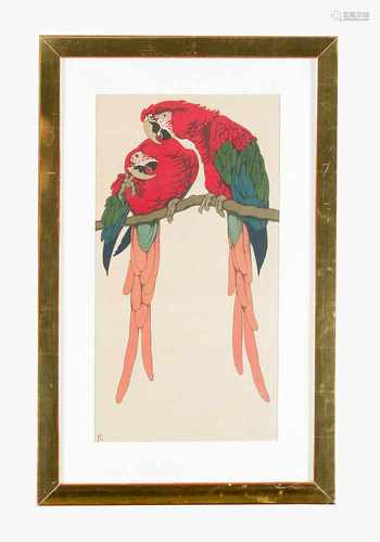 Fritz Lang(1877-1961)-GraphicTwo parrots, collour etching on paper,signed, monogramm,