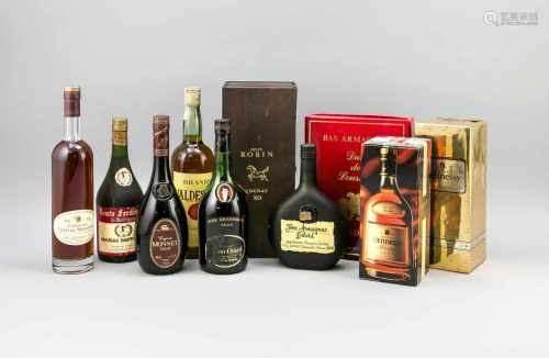 Konvolut von 10 Flaschen Cognac/Brandy, 20. Jh., verschiedene Sorten/Marken, alleungeöffnet, z. T.