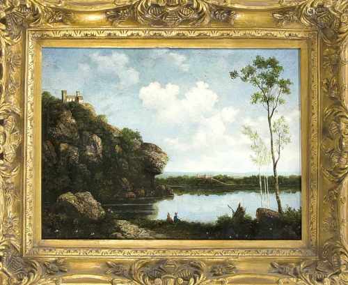 Anonymer Maler Mitte 20. Jh., Angler an einem See mit höher gelegener Burganlage, Öl aufLwd.,