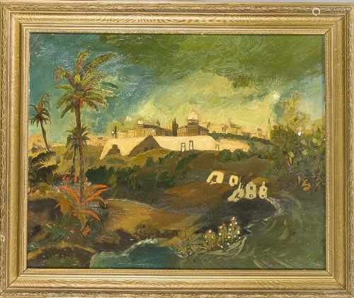 Anonymer Landschaftsmaler um 1900, Ansicht einer befestigten, südlichen Stadt(Jerusalem?), Öl auf