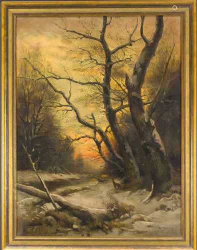 W. Speith, Düsseldorfer Maler um 1900, Reh in verschneiter Winterlandschaft im Abendlicht,Öl auf