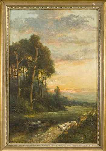 William Langley (tätig 1880-1920), englischer Landschaftsmaler, Schäfer in idyllischerLandschaft