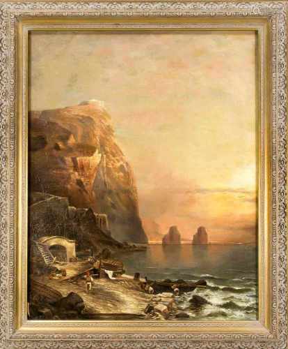 Anonymer Maler Ende 19. Jh., Fischer an einer Felsenküste im Golf von Neapel imAbendlicht, Öl auf