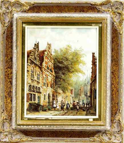 E. Jung, niederländischer Vedutenmaler 2. H. 20. Jh., Amsterdamer Straßenszene mit reicherStaffage
