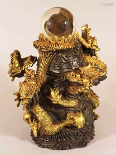 Asian Bronze sculpture with dragons windings around a glass ball, Qing Dynasty26cmThis is a timed