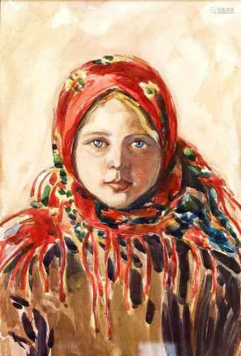 Anonymer russischer Maler 1. H. 20. Jh., Portrait eines russischen Mädchens mit Kopftuch,Aquarell