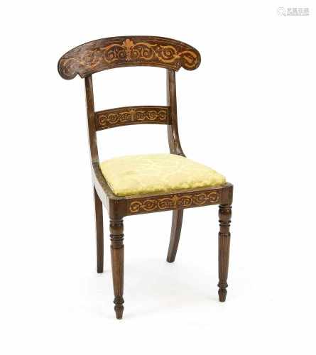 Biedermeier-Stuhl um 1830, Mahagoni massiv, Ahorn intarsiert, Vorderbeine gedrechselt,