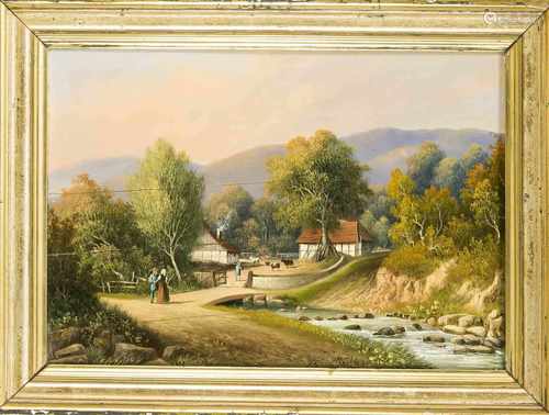 Theodor Müller (1821-1888), Gehöft in Mittelgebirgslandschaft mit Staffagefiguren, Öl aufHolz, u.