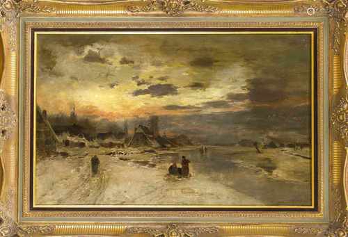 Ludwig Lanckow (1845-1908), Düsseldorfer Maler, verschneite Winterlandschaft mit Dorf