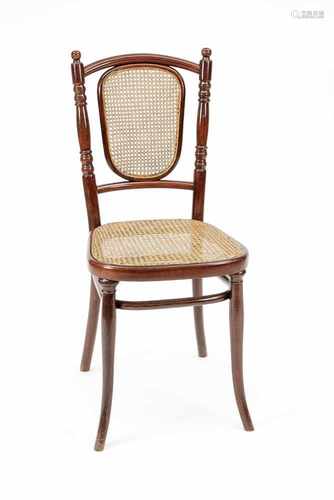 Thonet-Stuhl, um 1900, mahagonifarben gebeiztes und gebogtes Buchenholz mit Rohrgeflecht,Zarge mit