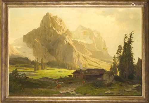 Süddt. Maler um 1900, alpines Idyll mit weidenden Kühen vor einem Gebirgsmassiv mitGletscher, Öl auf