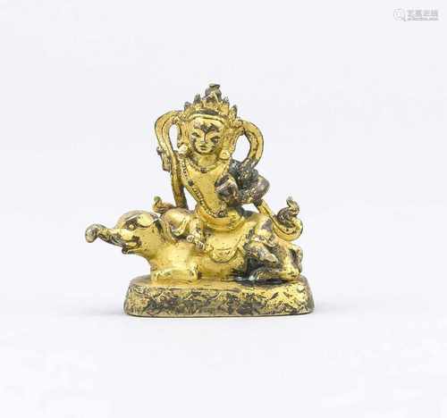 Kleine vergoldete Bronzefigur der Guanyin auf einem Elefanten sitzend, wohl Tibet, 19.Jh.,