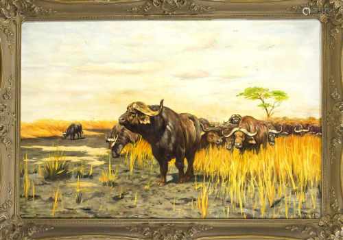 Wilhelm Kuhnert (1865-1926), Kopie nach, Herde Wasserbüffel in der Savanne, Öl auf Lwd.,u. re.