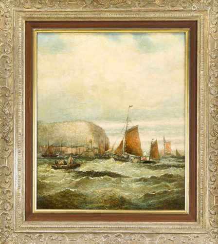 E. Watson, englischer Marinemaler des 19. Jh., zahlreiche Fischerboote vor einerSteilküste mit