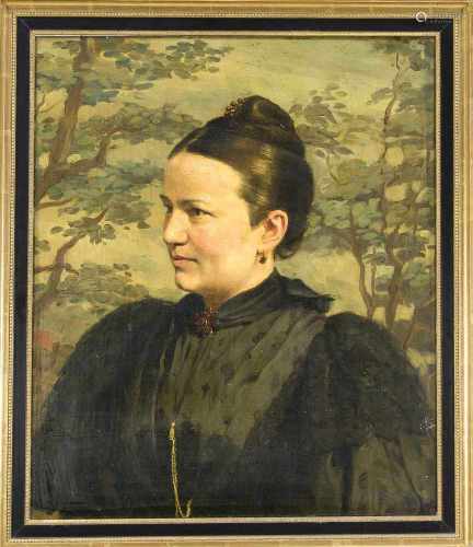 Anonymer Bildnismaler Ende 19. Jh., Portrait einer Frau nach links blickend, schwarzgekleidet mit