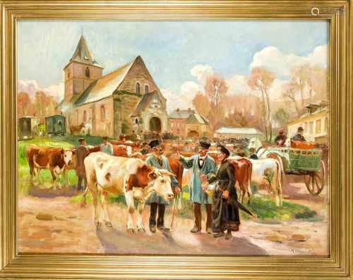 Raymond Louis Lecourt (1882-1946), frz. Tier- und Genremaler, Dorfplatz mit Viehmarkt,