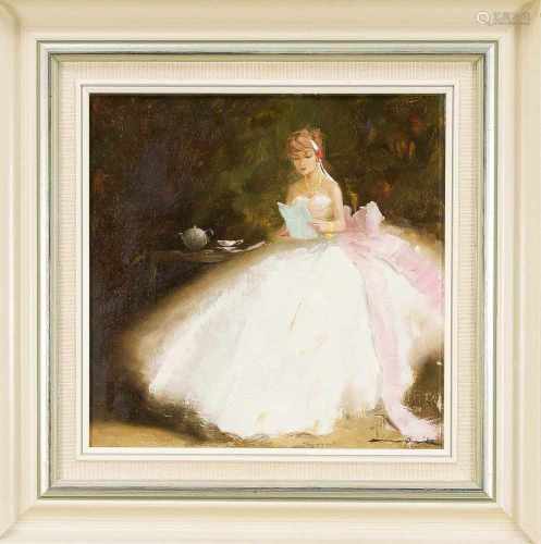 Unidentifizierter Maler 2. H. 20. Jh., junge Frau in weitem Kleid mit breiter Schleife beider