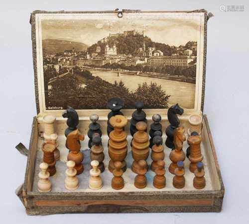 Salzburg chess set, wooden players, mounted in box with photo of the town Salzburg early 20.