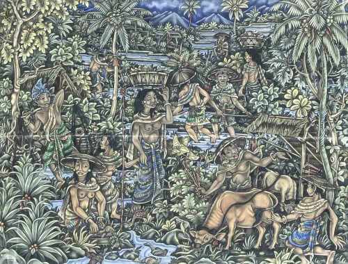 I Dewa Nyoman Rai (*1945), Balinesischer Maler, Landschaft mit Menschen und Tieren bei