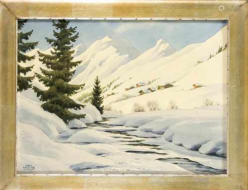 Carl Kessler (1876-1968), alpine Winterlandschaft mit Bachlauf, typische Landschaft desauf