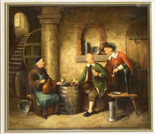 Unidentifizierter Maler 2. H. 20. Jh., drei Männer im Stil des 17. Jh. in einemWeinkeller, Öl auf