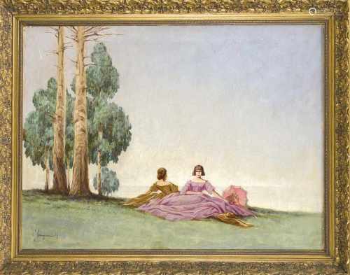 Hans Brüggemann, dt. Maler 1. H. 20. Jh., zwei galante Damen mit ausgebreiteten Kleidernauf einer